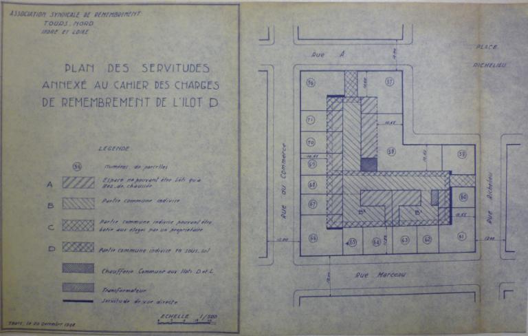 Plan des servitudes annexé au cahier des charges du remembrement de l'îlot D, 20 décembre 1948. (archives municipales de Tours, 149 W 16, îlot D).