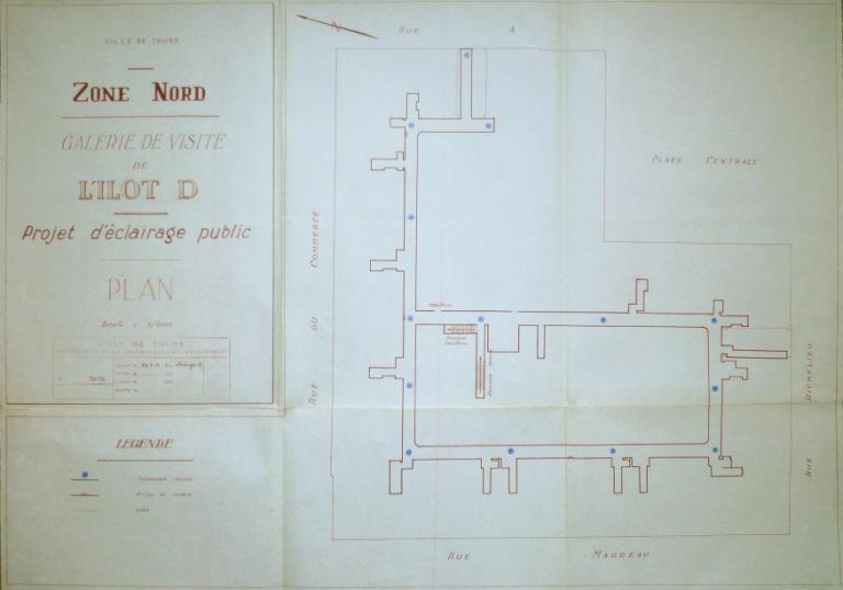 Plan de la galerie technique de l'îlot D, 22 mars 1951. (archives municipales de Tours, 149 W 9). ; Plan de la galerie technique, 22 mars 1951. (archives municipales de Tours, 149 W 9).