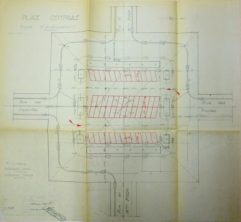 Plan d'aménagement de la place, novembre 1950. (archives municipales de Tours, Série W, dossiers de rues (en cours de classement)).