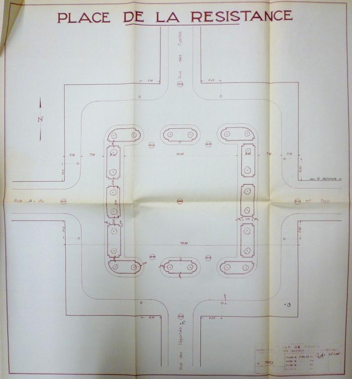Plan de la place, 7 novembre 1953. (archives municipales de Tours, Série W, dossiers de rues (en cours de classement)).