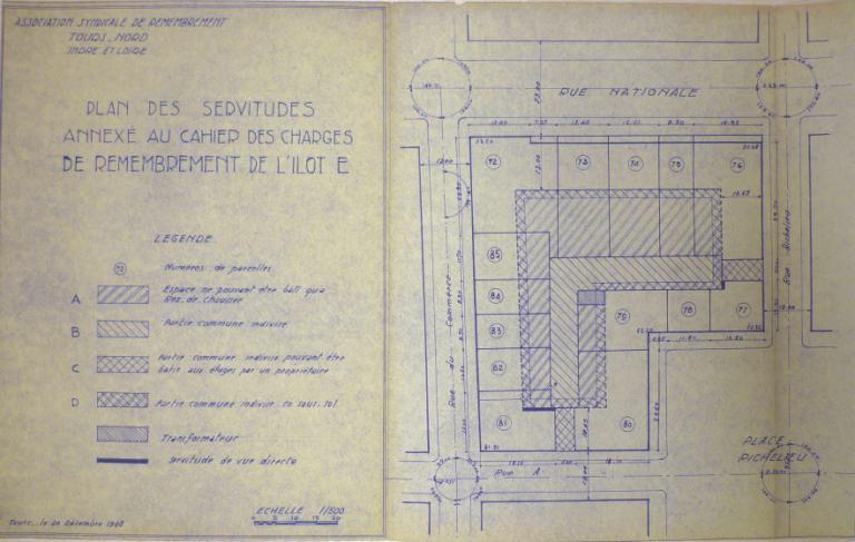 Plan des servitudes annexé au cahier des charges, 20 décembre 1948. (archives municipales de Tours, 149 W 16, îlot E).