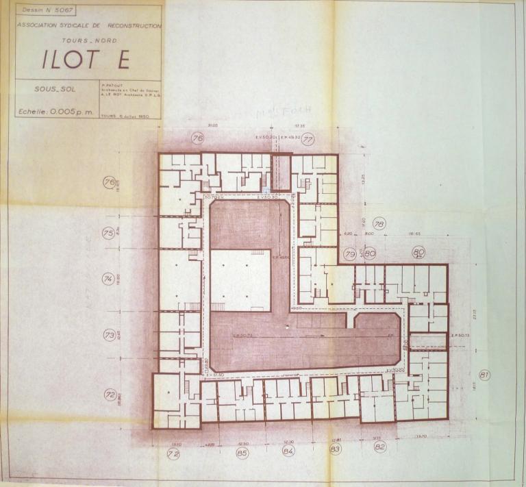 Plan du sous-sol, P. Patout et A. Le Roy arch., 6 juillet 1950. (archives municipales de Tours, 149 W 16, îlot E).