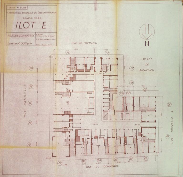 Plan du rez-de-chaussée, P. Patout et A. Le Roy arch., 6 juillet 1950. (archives municipales de Tours, 149 W 16, îlot E).