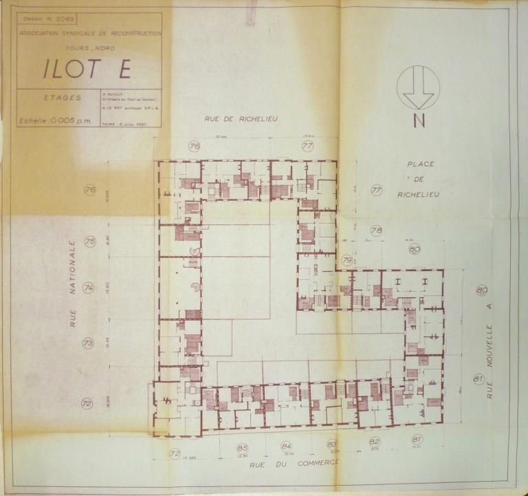 Plan des étages, P. Patout et A. Le Roy arch., 6 juillet 1950. (archives municipales de Tours, 149 W 16, îlot E).