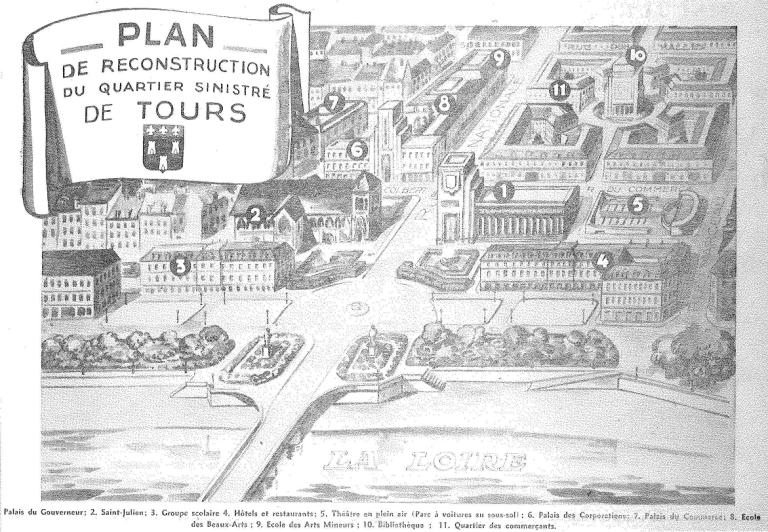 Plan de reconstruction dressé par les Jeunes régionalistes, 8 septembre 1940. (archives municipales de Tours).