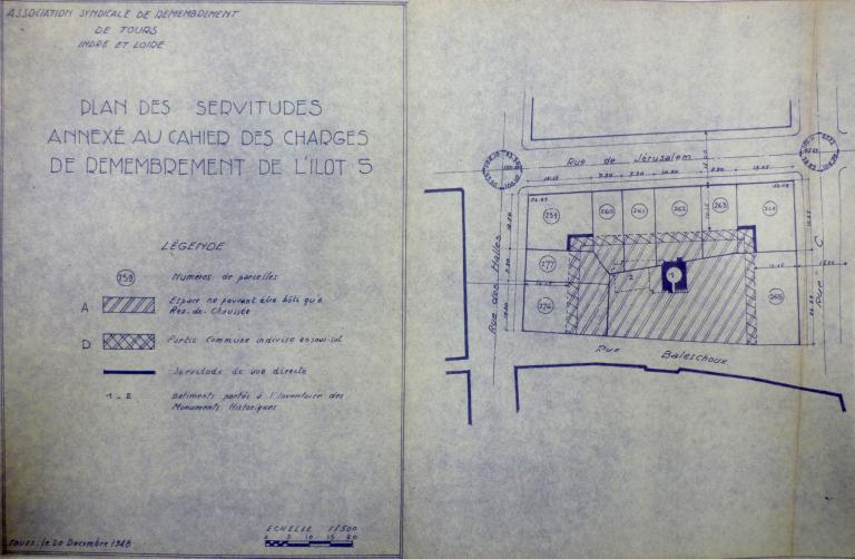 Plan des servitudes annexé au cahier des charges du remembrement de l'îlot, 20 décembre 1948. (archives municipales de Tours, 149 W 19, îlot S).