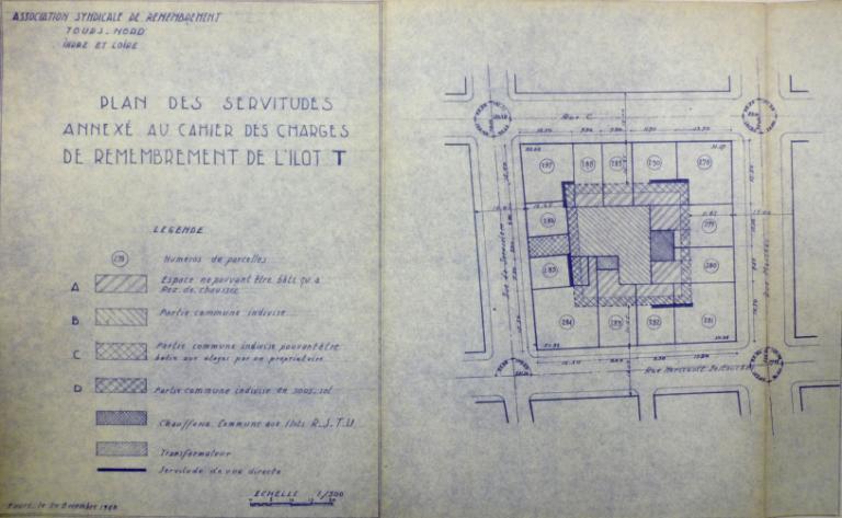 Plan des servitudes annexé au cahier des charges du remembrement de l'îlot, 20 décembre 1948. (archives municipales de Tours, 149 W 19, îlot T).