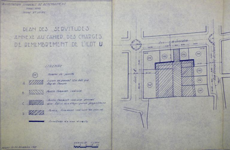 Plan des servitudes annexé au cahier des charges du remembrement de l'îlot, 20 décembre 1948. (archives municipales de Tours, 149 W 19, îlot U).