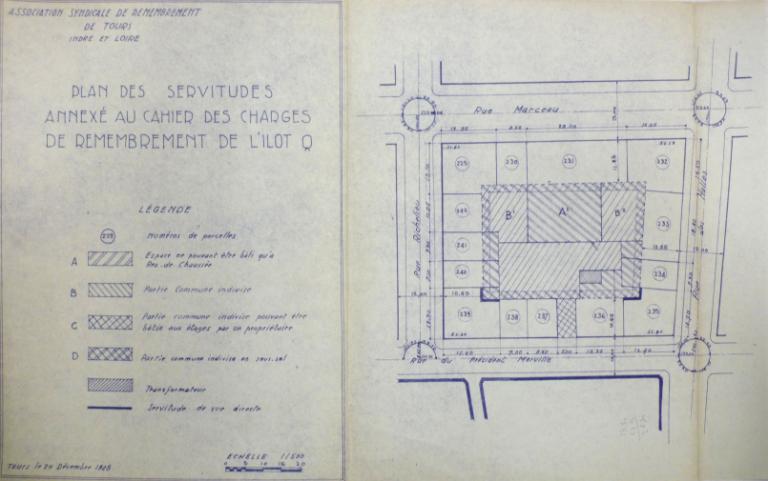 Plan des servitudes annexé au cahier des charges du remembrement de l'îlot, 20 décembre 1948. (archives municipales de Tours, 149 W 19, îlot Q).