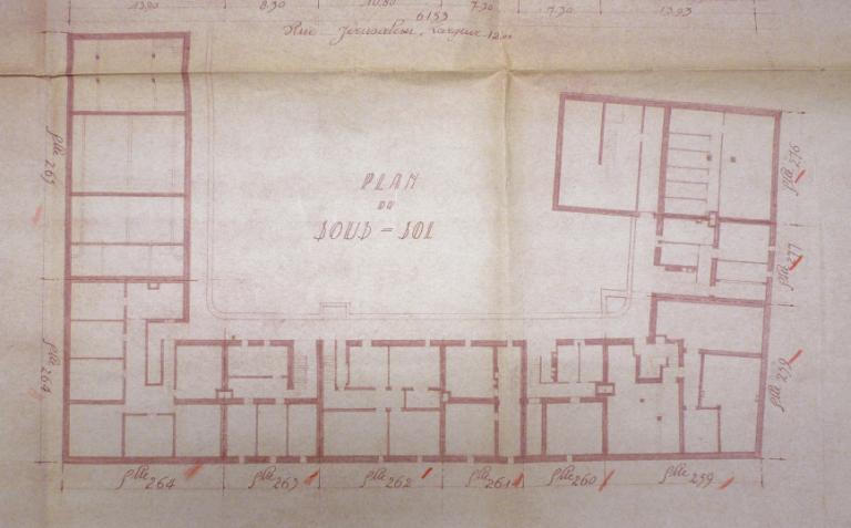 Plan du sous-sol de l'îlot, Maurice Boille arch., [1949]. (archives municipales de Tours, Permis de construire 1949/n°647).