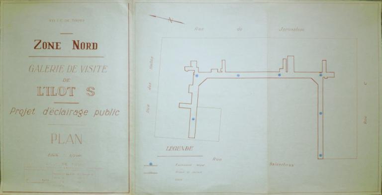 Plan de la galerie technique de l'îlot S, 29 mars 1951. (archives municipales de Tours, 149 W 9). ; Plan de la galerie technique de l'îlot, 29 mars 1951. (archives municipales de Tours, 149 W 9).