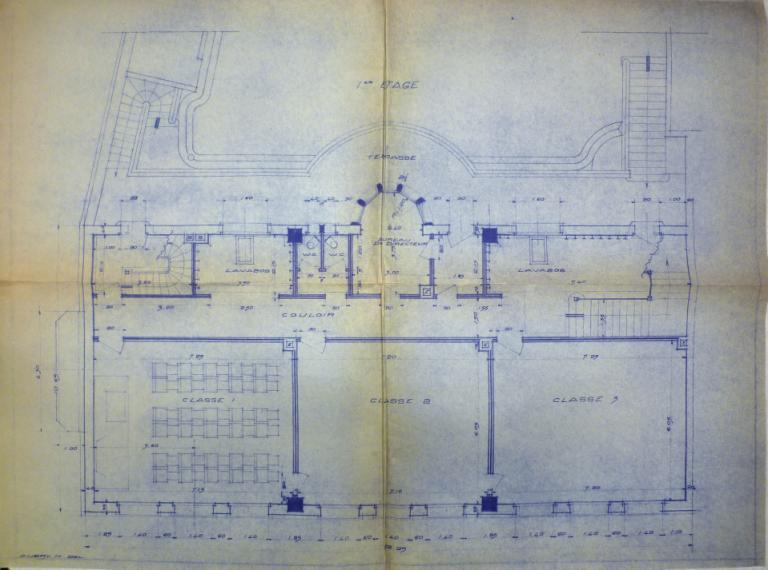 Plan du premier étage (extrait), Henry Lhéritier de Chézelle arch., 19 octobre 1949. (archives municipales de Tours, Permis de construire 1949/n°647).