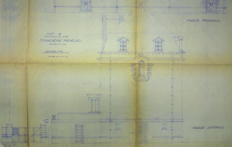 Elévation de la façade latérale rue Baleschoux (extrait), Henry Lhéritier de Chézelle arch., 19 octobre 1949. (archives municipales de Tours, Permis de construire 1949/n°647).