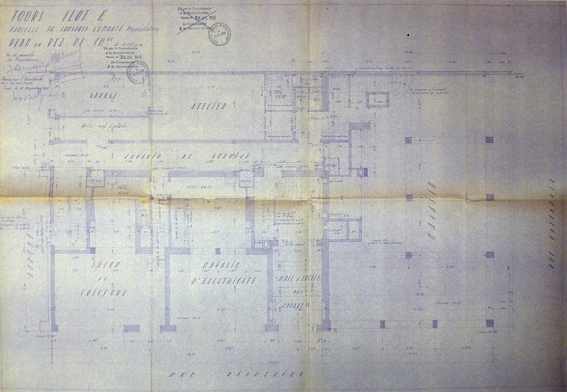 Plan du rez-de-chaussée, J. Boille arch., 16 novembre 1949. (archives municipales de Tours, Permis de construire 1950/n°534).