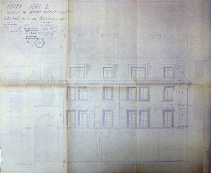 Elévation des façades rue du Maréchal-Foch, J. Boille arch., 16 novembre 1949. (archives municipales de Tours, Permis de construire 1950/n°534).