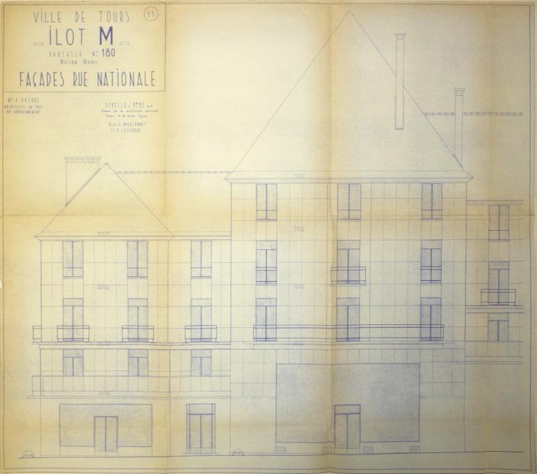 Elévation des façades rue Nationale, R. et J. Marconnet et P. Leseurre arch., 10 mars 1949. (archives municipales de Tours, Permis de construire 1949/n°251).