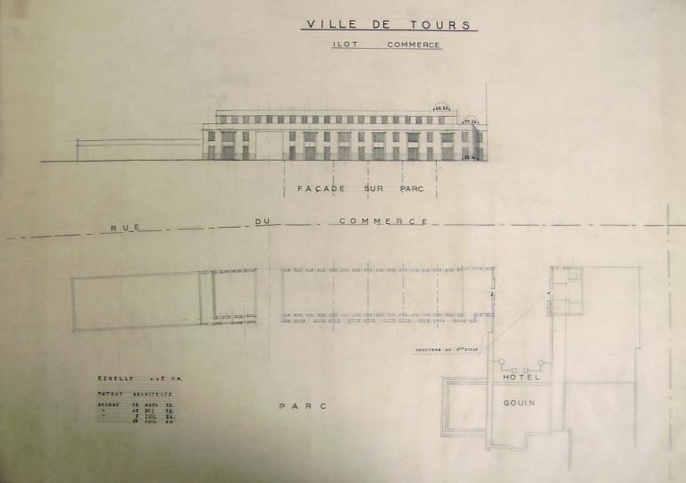 Plan masse et élévation des façades postérieures, P. Patout arch., 15 juillet 1954. (archives municipales de Tours, 149 W 23, îlot Constantine, S 786).