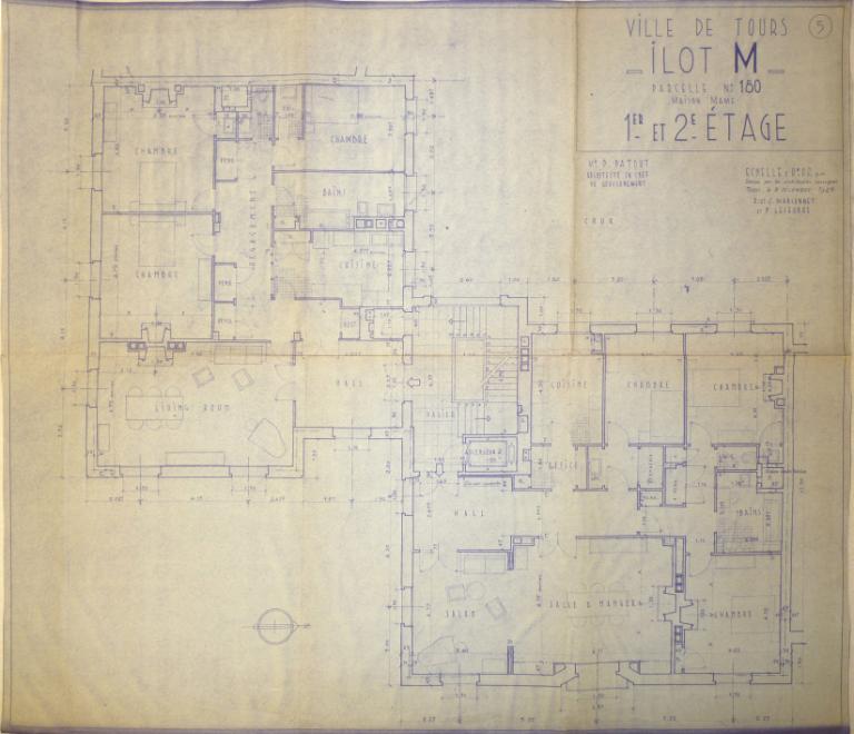Plan des premier et deuxième étages, R. et J. Marconnet et P. Leseurre arch., 8 décembre 1948. (archives municipales de Tours, Permis de construire 1949/n°251).