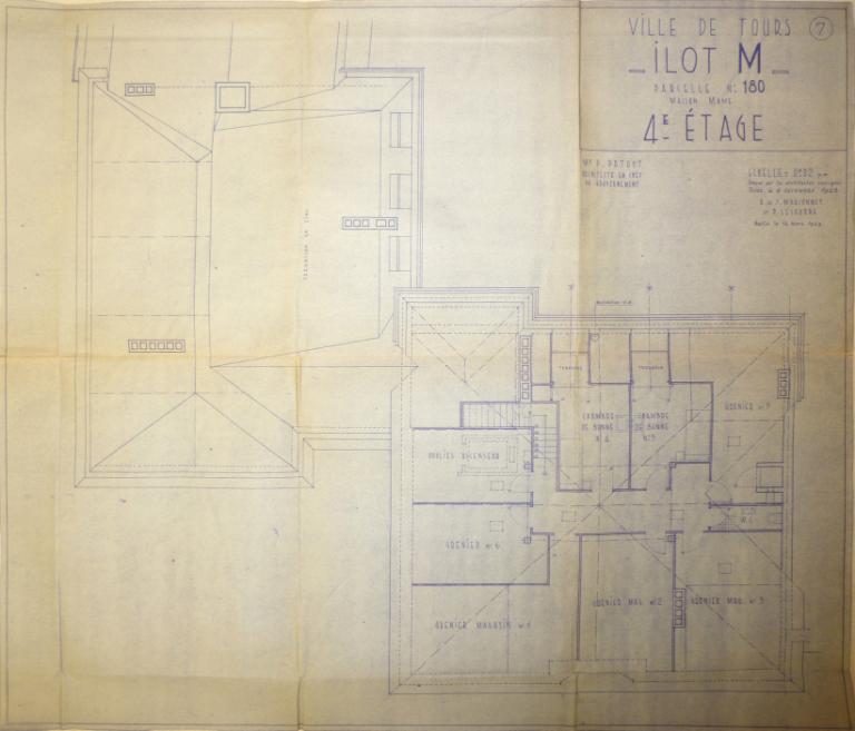 Plan du quatrième étage, R. et J. Marconnet et P. Leseurre arch., 8 décembre 1948 et 14 mars 1949. (archives municipales de Tours, Permis de construire 1949/n°251).