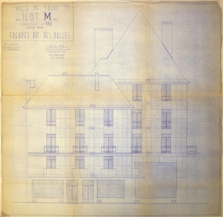 Elévation des façades rue des Halles, R. et J. Marconnet et P. Leseurre arch., 10 mars 1949. (archives municipales de Tours, Permis de construire 1949/n°251).