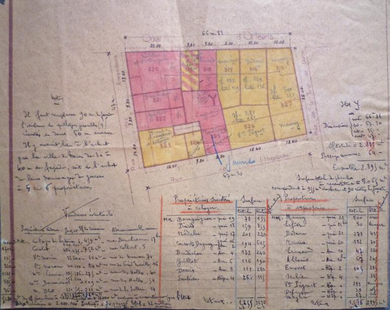 Plan de remembrement de l'îlot Y, [1948]. (archives municipales de Tours, 4 M Groupe scolaire Anatole-France, boîte 355).
