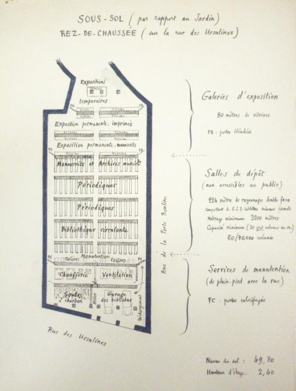 Projet dans le jardin du musée. Plan du sous-sol et rez-de-chaussée bas, G. Collon, 23 avril 1942. (archives municipales de Tours, 472 W 1, études d'emplacement).