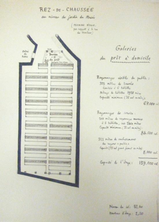 Projet dans le jardin du musée. Plan du rez-de-chaussée haut, G. Collon, 23 avril 1942. (archives municipales de Tours, 472 W 1, études d'emplacement).