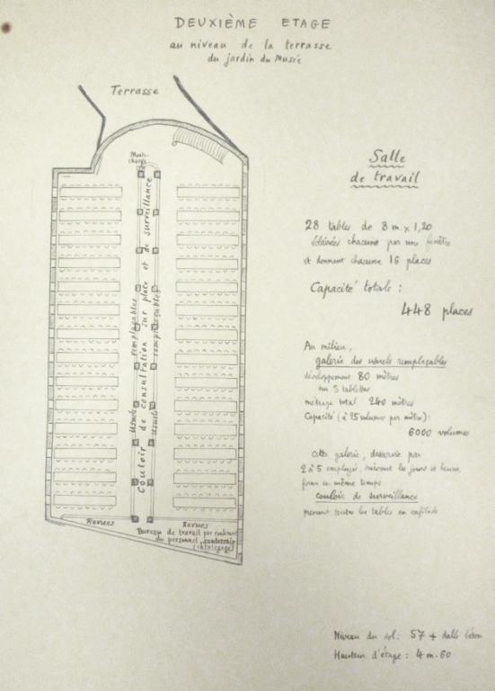 Projet dans le jardin du musée. Plan du deuxième étage, G. Collon, 23 avril 1942. (archives municipales de Tours, 472 W 1, études d'emplacement).