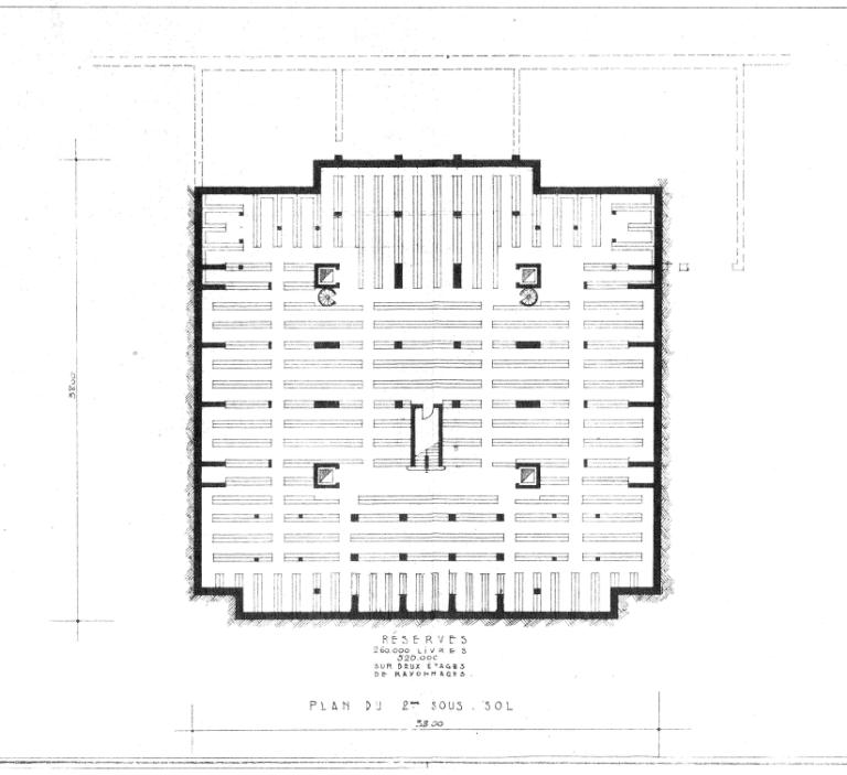 Projet Anatole-France : plan du deuxième sous-sol, P. Patout, Ch. et J. Dorian arch., novembre 1950. (archives municipales de Tours, Permis de construire 1950/n°720).
