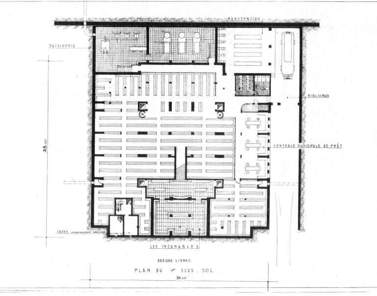 Projet Anatole-France : plan du premier sous-sol, P. Patout, Ch. et J. Dorian arch., novembre 1950. (archives municipales de Tours, Permis de construire 1950/n°720).