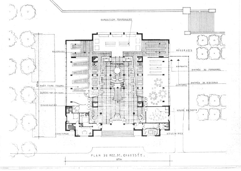 Projet Anatole-France : plan d'u rez-de-chaussée, P. Patout, Ch. et J. Dorian arch., novembre 1950. (archives municipales de Tours, Permis de construire 1950/n°720).