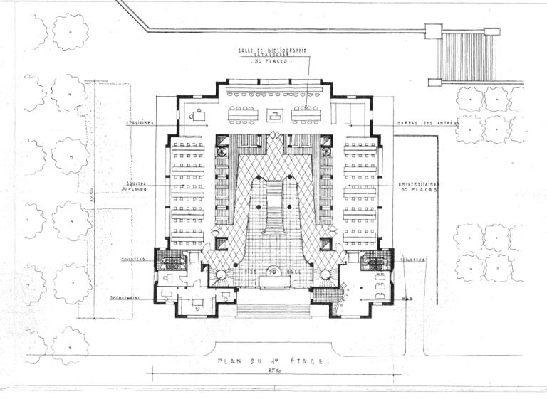 Projet Anatole-France : plan du premier étage, P. Patout, Ch. et J. Dorian arch., novembre 1950. (archives municipales de Tours, Permis de construire 1950/n°720).