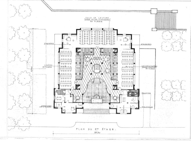 Projet Anatole-France : plan du deuxième étage, P. Patout, Ch. et J. Dorian arch., novembre 1950. (archives municipales de Tours, Permis de construire 1950/n°720).