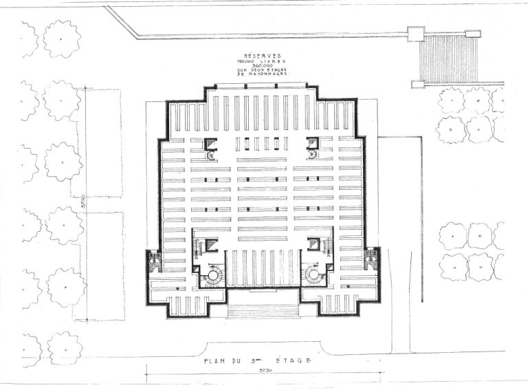 Projet Anatole-France : plan du troisième étage, P. Patout, Ch. et J. Dorian arch., novembre 1950. (archives municipales de Tours, Permis de construire 1950/n°720).