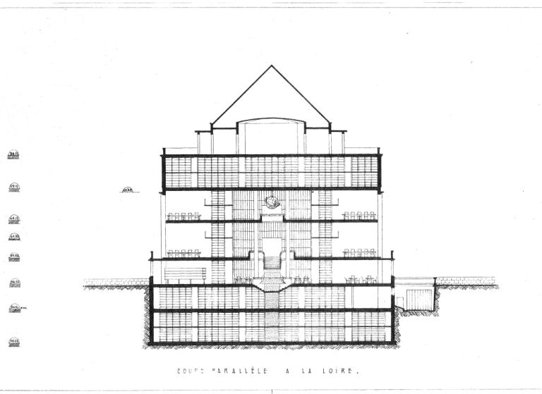 Projet Anatole-France : coupe parallèle à la Loire, P. Patout, Ch. et J. Dorian arch., novembre 1950. (archives municipales de Tours, Permis de construire 1950/n°720).