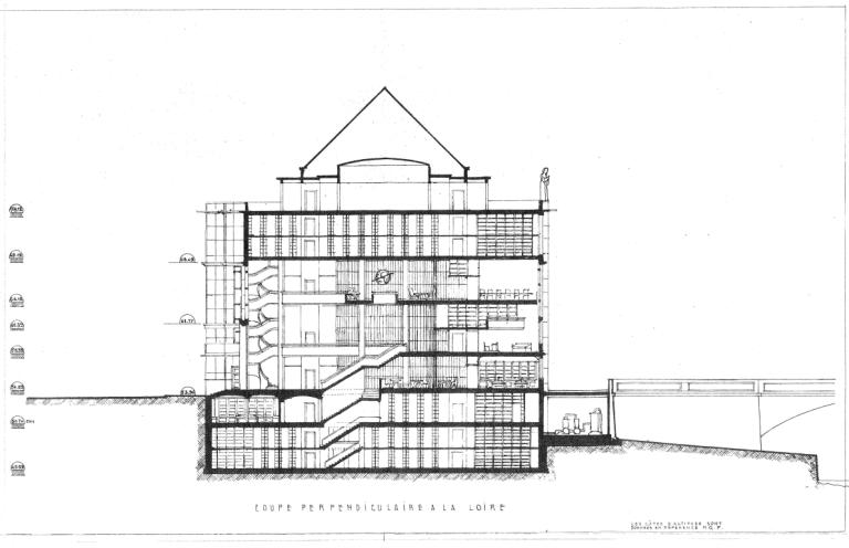 Projet Anatole-France : coupe perpendiculaire à la Loire, P. Patout, Ch. et J. Dorian arch., novembre 1950. (archives municipales de Tours, Permis de construire 1950/n°720).