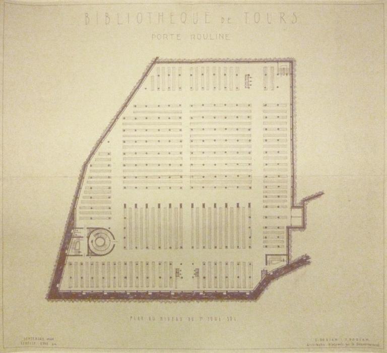 Projet Porte Rouline : plan du sous-sol, Ch. et J. Dorian arch., septembre 1949. (archives municipales de Tours, 472 W 1, projets Porte Rouline (terrasse du jardin du musée)).