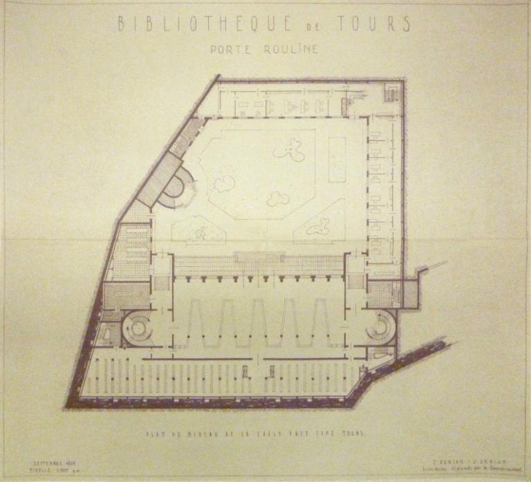 Projet Porte Rouline : plan du rez-de-chaussée (salle de prêt), Ch. et J. Dorian arch., septembre 1949. (archives municipales de Tours, 472 W 1, projets Porte Rouline (terrasse du jardin du musée)).
