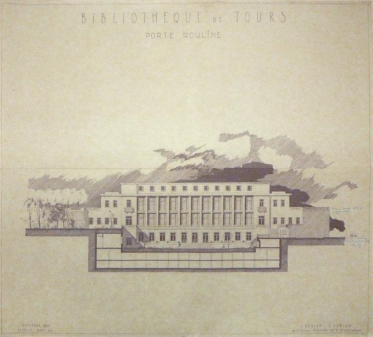 Projet Porte Rouline : élévation de la façade sur jardin, Ch. et J. Dorian arch., septembre 1949. (archives municipales de Tours, 472 W 1, projets Porte Rouline (terrasse du jardin du musée)).