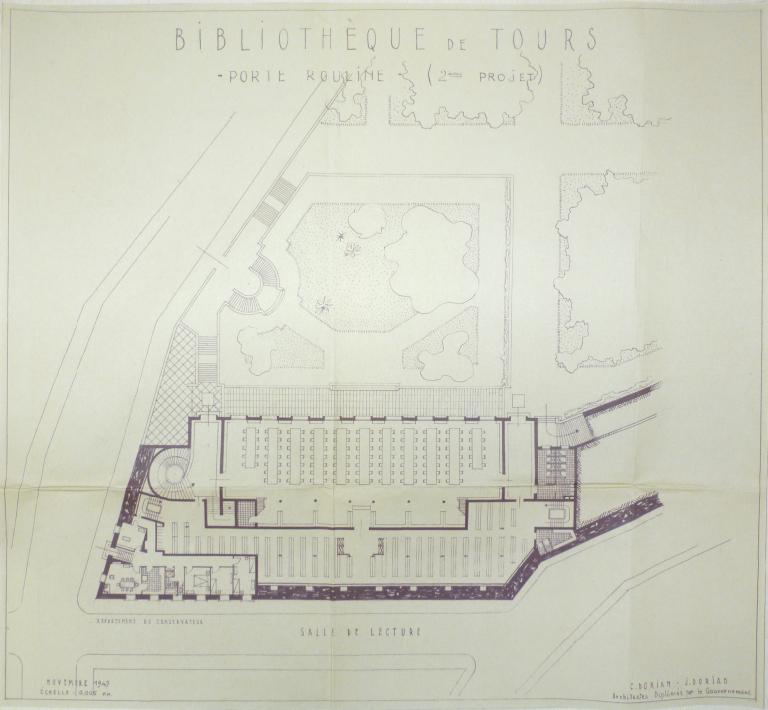 2e projet Porte Rouline : plan du premier étage (salle de lecture), Ch. et J. Dorian arch., novembre 1949. (archives municipales de Tours, 472 W 1, projets Porte Rouline (terrasse du jardin du musée)).