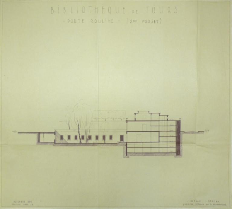 2e projet Porte Rouline : coupe transversale, Ch. et J. Dorian arch., novembre 1949. (archives municipales de Tours, 472 W 1, projets Porte Rouline (terrasse du jardin du musée)).