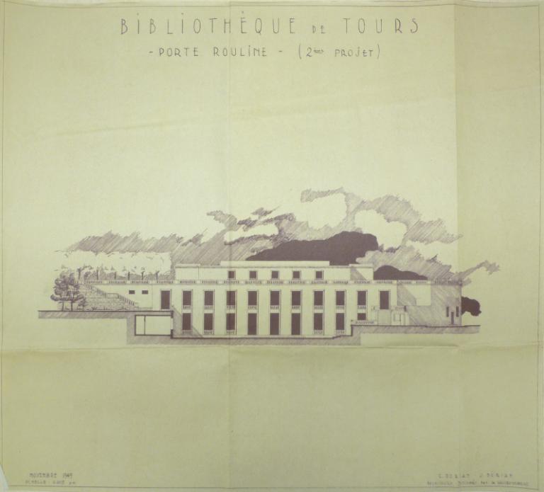 2e projet Porte Rouline : élévation de la façade sur jardin, Ch. et J. Dorian arch., novembre 1949. (archives municipales de Tours, 472 W 1, projets Porte Rouline (terrasse du jardin du musée)).