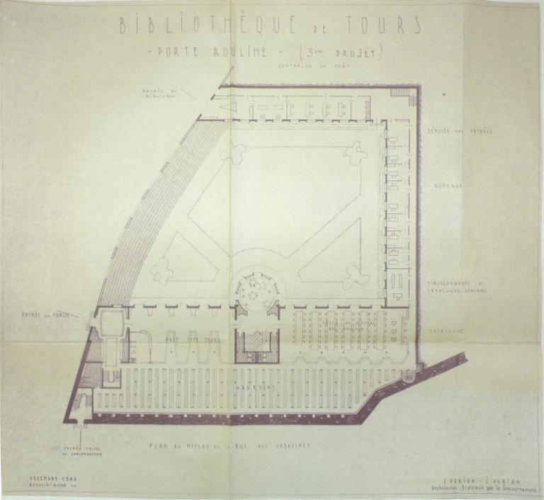 3e projet Porte Rouline : plan du rez-de-chaussée, Ch. et J. Dorian arch., décembre 1949. (archives municipales de Tours, 472 W 1, projets Porte Rouline (terrasse du jardin du musée)).