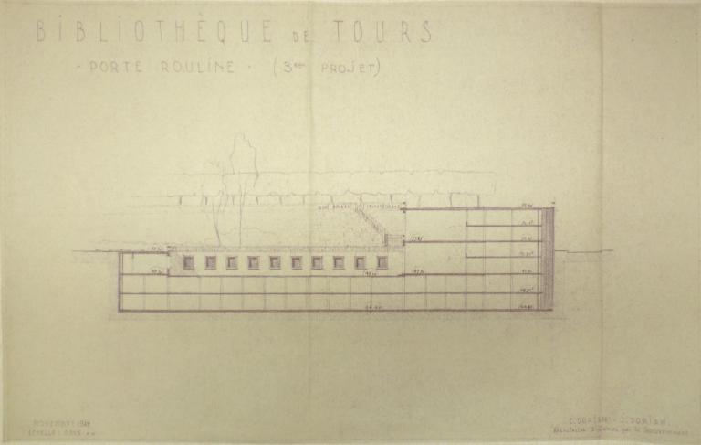 3e projet Porte Rouline : coupe transversale, Ch. et J. Dorian arch., décembre 1949. (archives municipales de Tours, 472 W 1, projets Porte Rouline (terrasse du jardin du musée)).