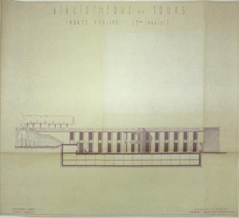 3e projet Porte Rouline : élévation de la façade sur jardin, Ch. et J. Dorian arch., décembre 1949. (archives municipales de Tours, 472 W 1, projets Porte Rouline (terrasse du jardin du musée)).