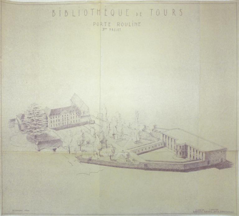 3e projet Porte Rouline : perspective, Ch. et J. Dorian arch., décembre 1949. (archives municipales de Tours, 472 W 1, projets Porte Rouline (terrasse du jardin du musée)).