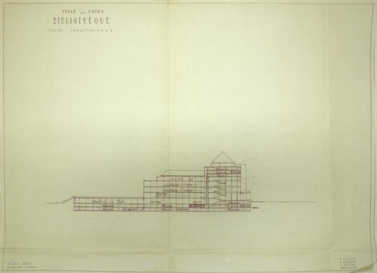 2e projet Anatole-France : coupe longitudinale, P. Patout, Ch. et J. Dorian arch., mars 1951. (archives municipales de Tours, 472 W 1, projet Anatole-France).