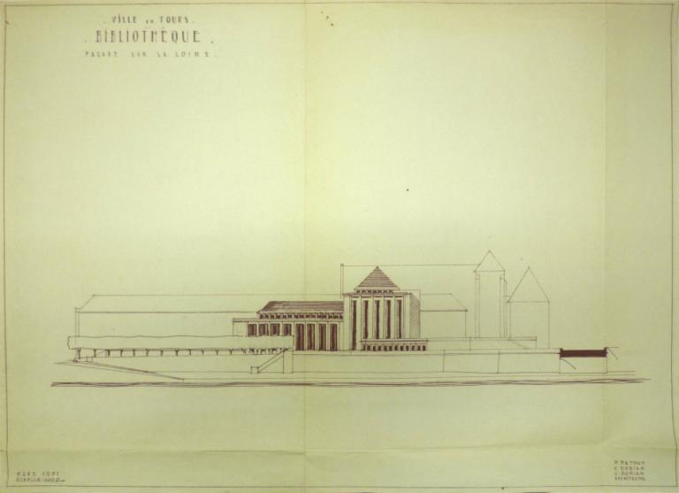 2e projet Anatole-France : élévation de la façade sur Loire, P. Patout, Ch. et J. Dorian arch., mars 1951. (archives municipales de Tours, 472 W 1, projet Anatole-France).