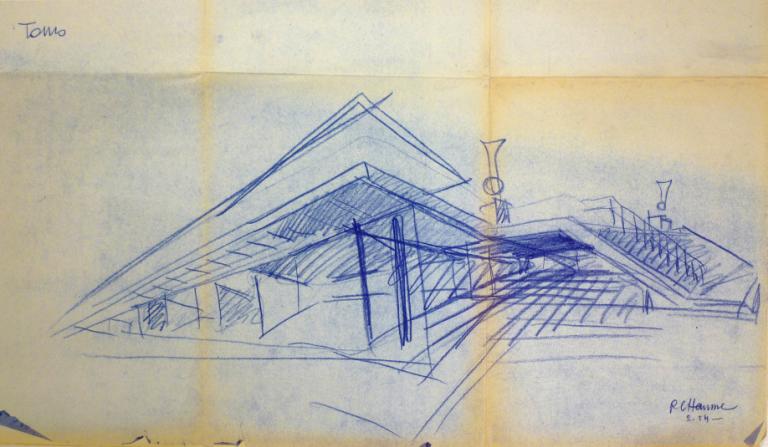 Esquisse en perspective d'une terrasse, R. Chaume arch., février 1954.  (archives municipales de Tours, 149 W 21).