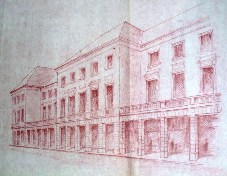 Projet d'aménagement de la partie non sinistrée : vue perspective des passages couverts en rez-de-chaussée, [1951]. (archives municipales de Tours, 149 W 8).